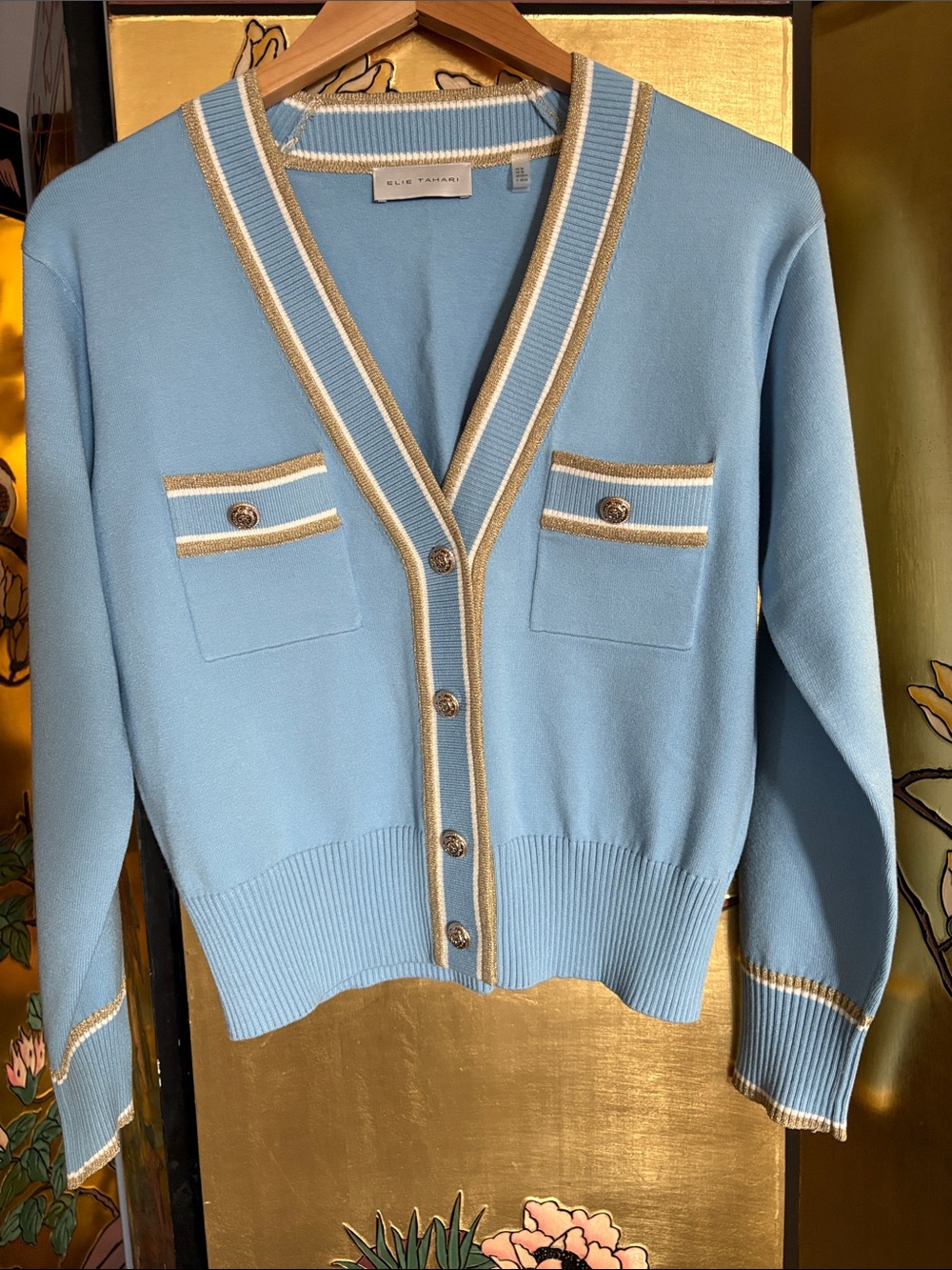 Elie Tahari Blue V-Neck Button Cardigan with Gold Trim